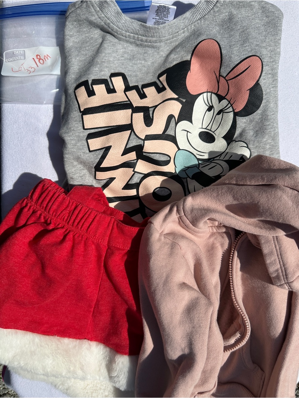Minnie Mouse Graphic Sweatshirt, pink zip up jackets, and red skirt(33)